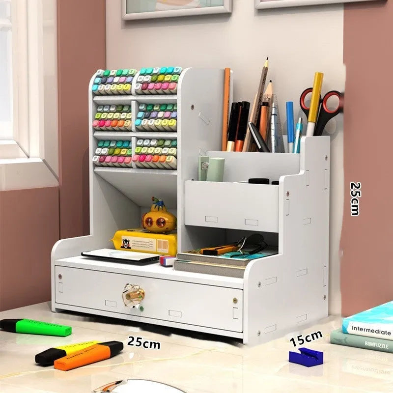Plastic oblique insertion pen holder storage box showing multiple grid compartments for organised stationery storage