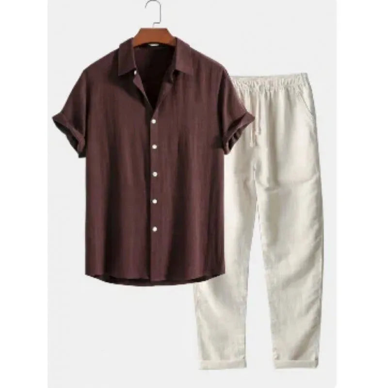 Men's loose fit linen-blend short sleeve shirt and trousers casual suit set on a hanger.