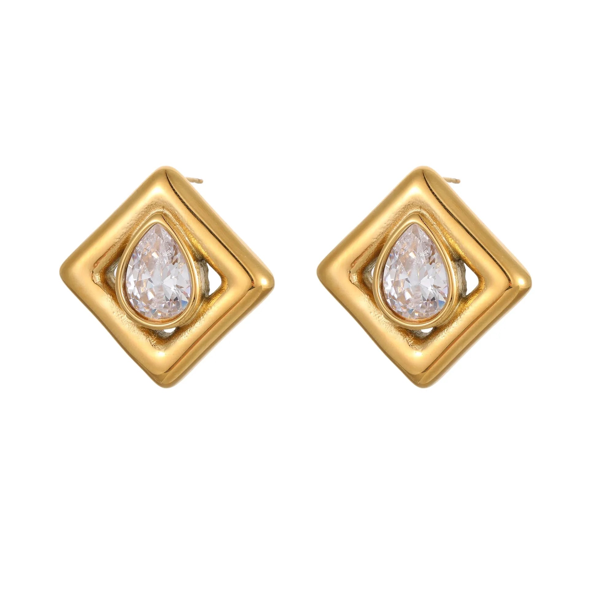 Geometric stainless steel stud earrings with water drop zircon stones in 18K gold colour