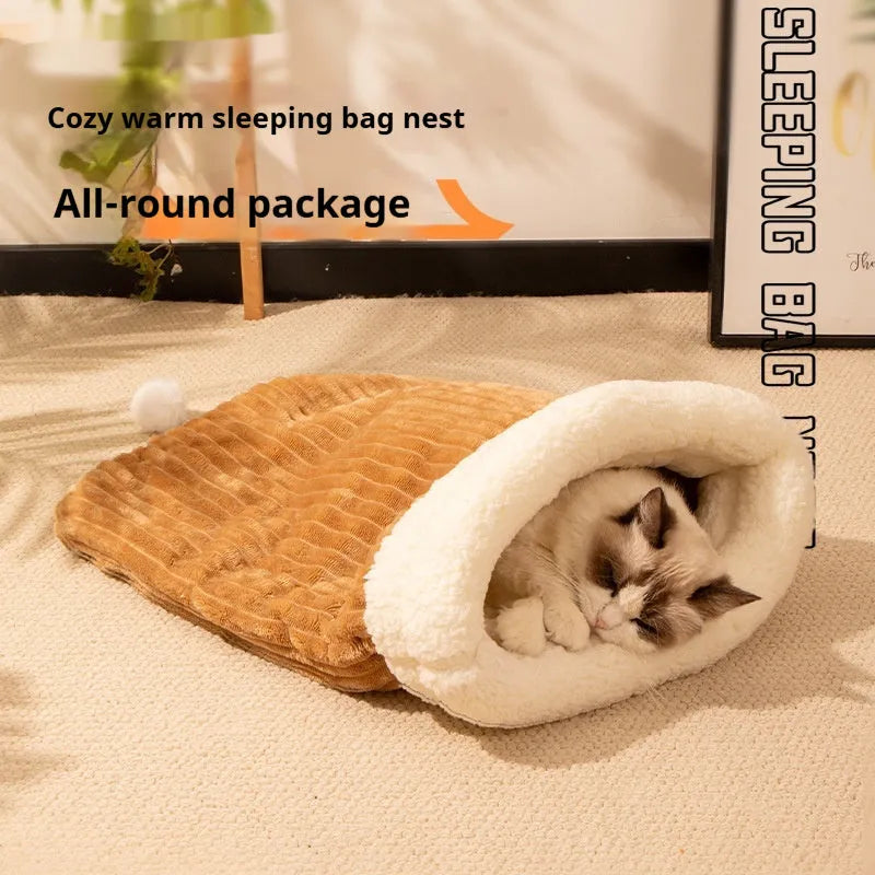 Blue rabbit print flannel cat sleeping bag nest measuring 50 by 40 centimetres.