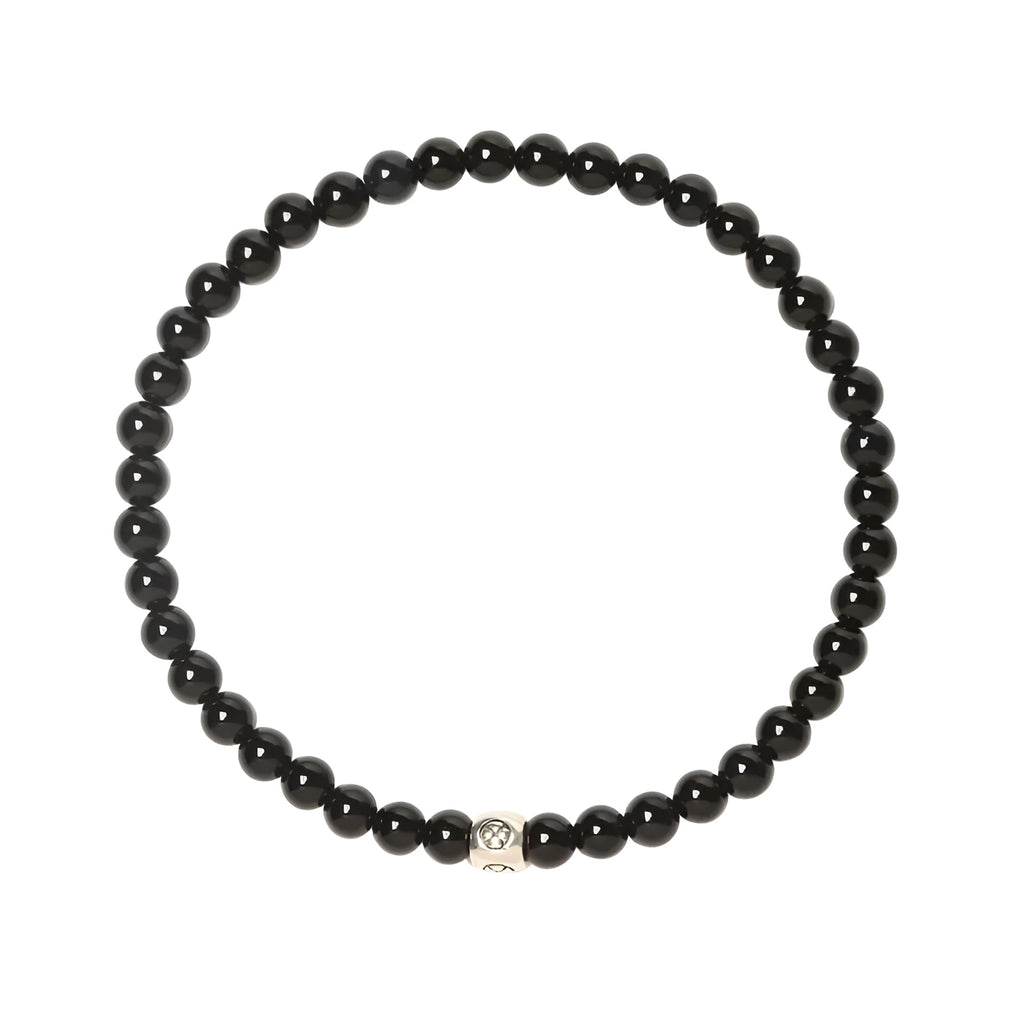 Geometric agate bracelet with obsidian, blue San, and black agate stones on wrist