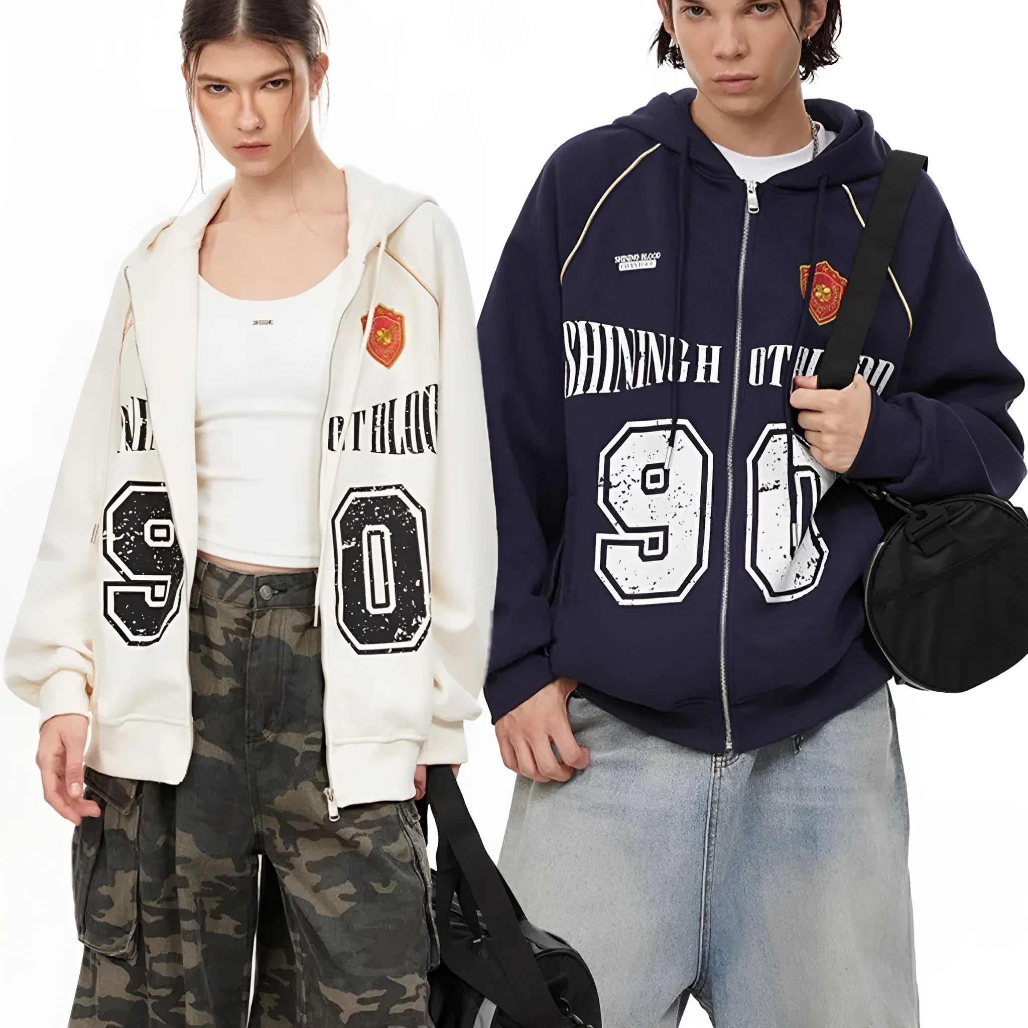 Women's American retro style hooded jacket with letter embroidery in loose casual fit