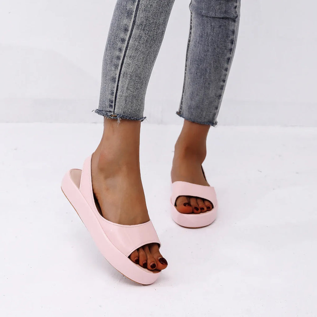Women's flat sandals with fish mouth toe, back strap, side hollow, artificial PU upper, rubber sole, solid colour