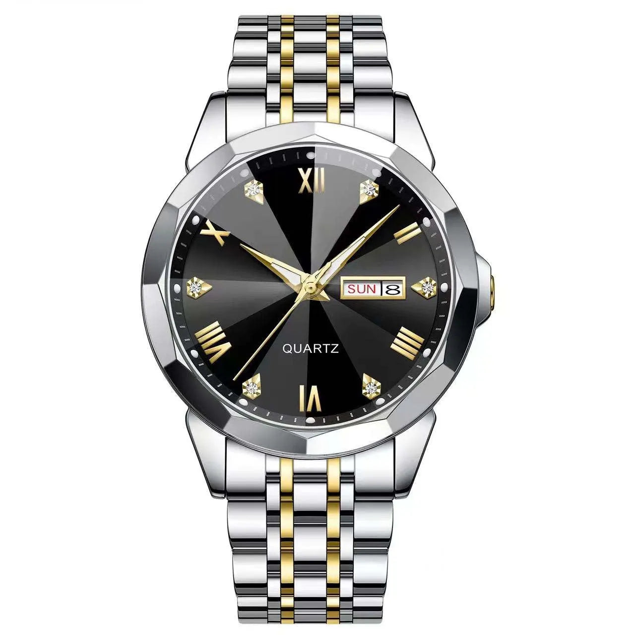 Business men's double calendar quartz watch with stainless steel strap and mineral glass face, available in multiple colours