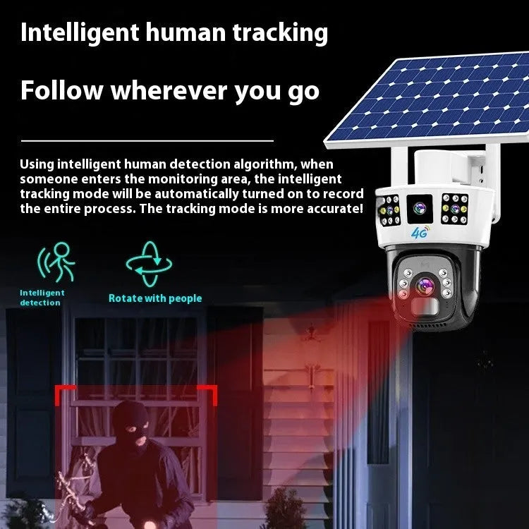 Solar-powered wireless surveillance camera with three-screen monitoring capability