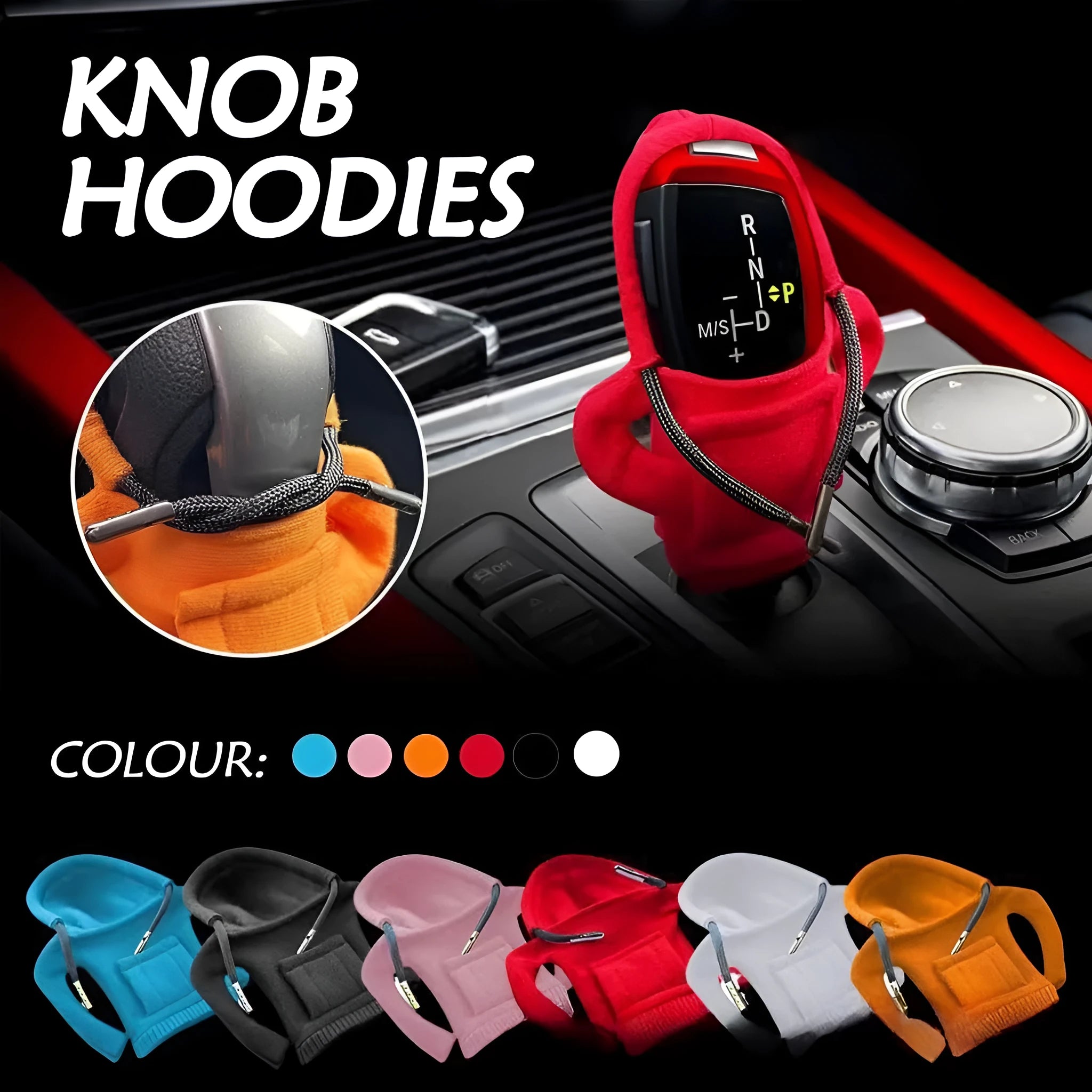 Dutch velvet car gear handle sleeve cover shown in various colours including black, red, blue, and pink.