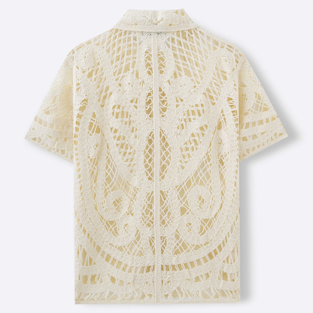 Men's hollow sweater short sleeved crochet cardigan polo shirt in apricot acrylic knit on a hanger front view