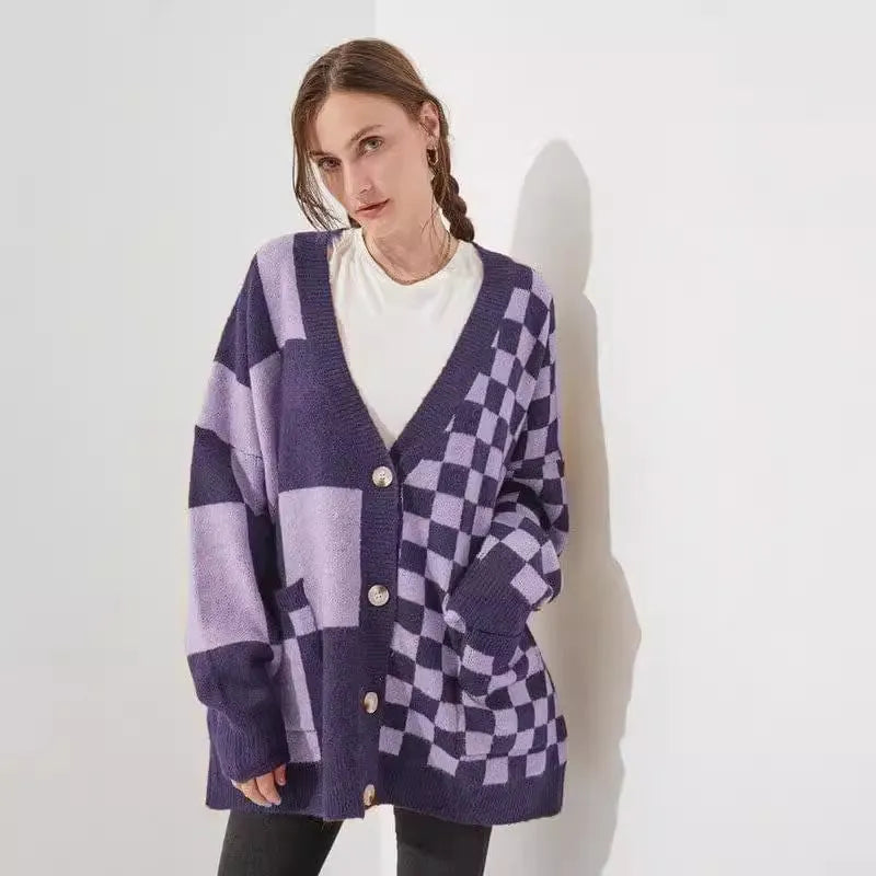 Women's loose slim fit printed checks knitwear cardigan in polyester spandex fabric