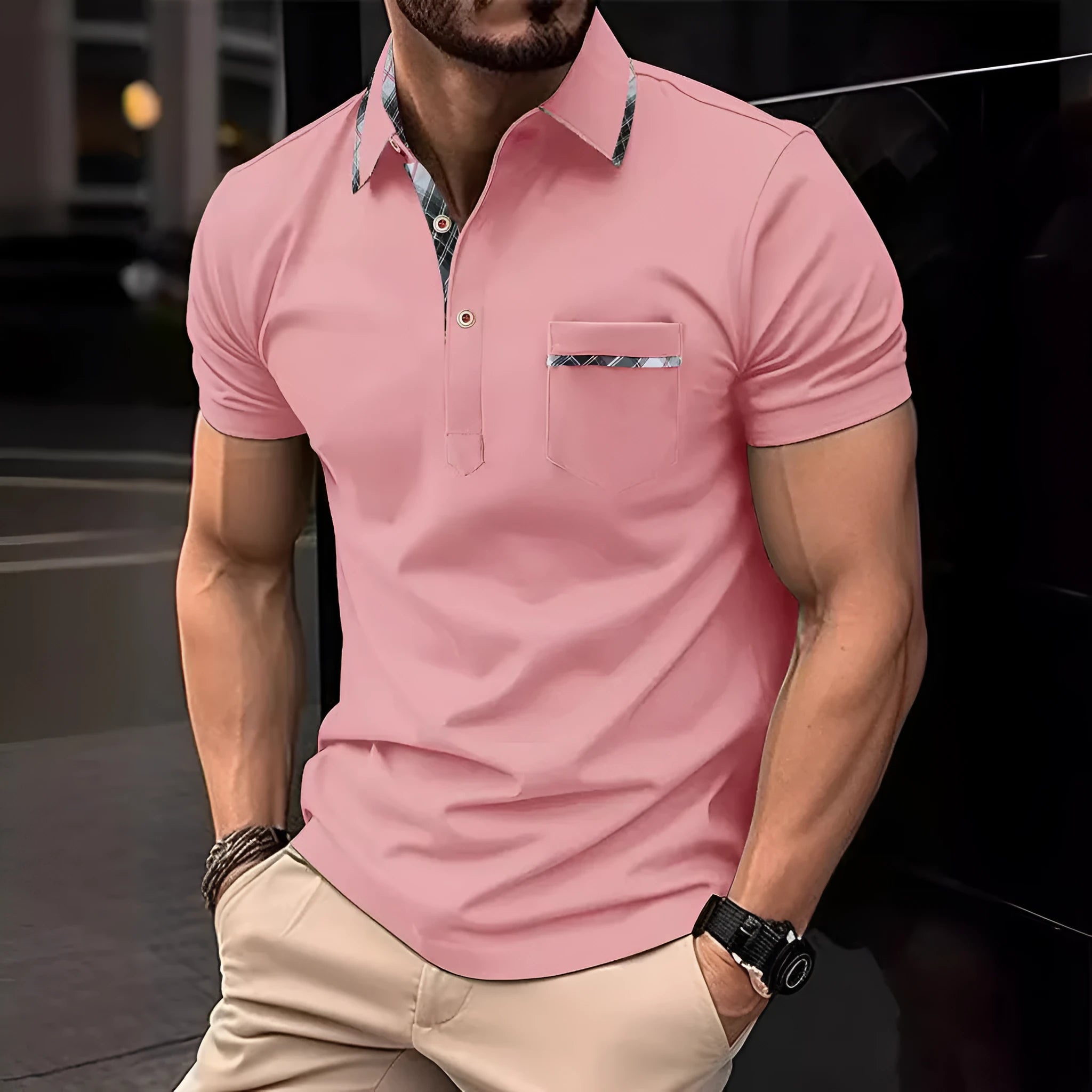 European and American lapel polo shirt with bird eye cloth fabric, asymmetric dot pattern, short sleeves, available in black