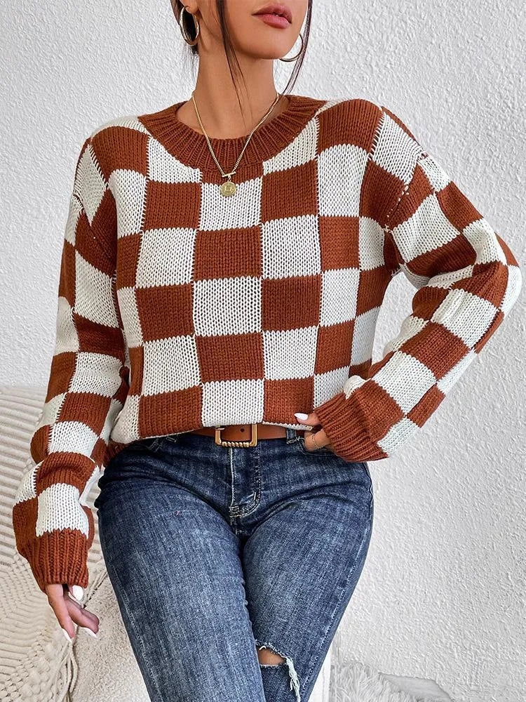 Dark brown acrylic pullover sweater with a chessboard plaid pattern and loose round neck.