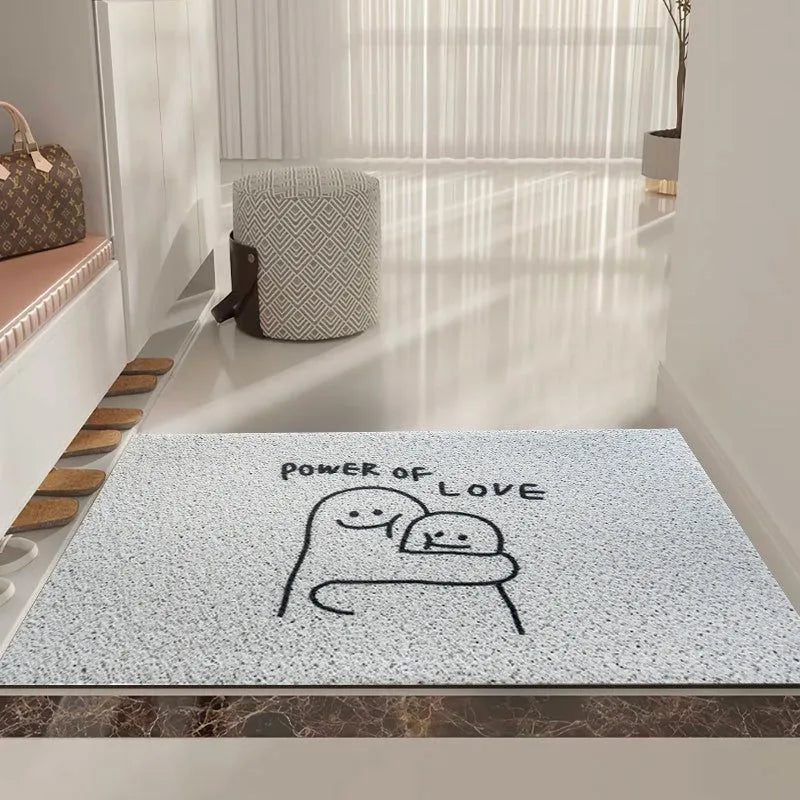 Square cartoon 'Mr. Big Nose' geometric pattern PVC floor mat with steel wire ring edge.