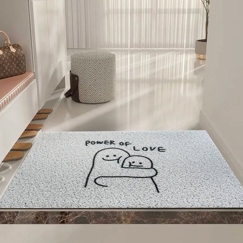 Square cartoon 'Mr. Big Nose' geometric pattern PVC floor mat with steel wire ring edge.