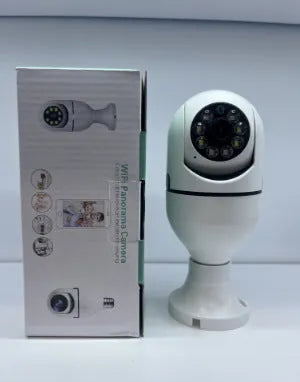 Wireless WiFi bulb security camera with compact design showing 1080p full colour night vision capability