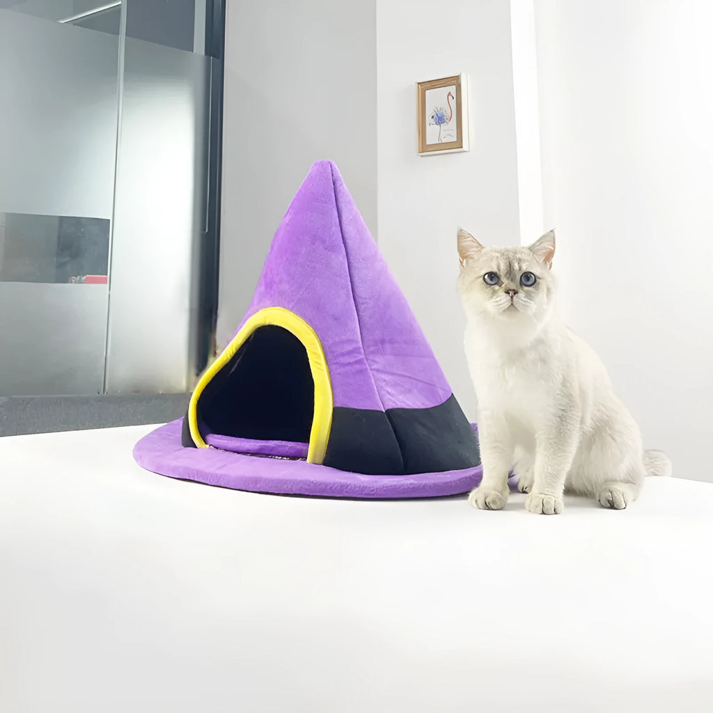 Purple witch hat shaped cat bed for pets, dimensions 60cm by 45cm