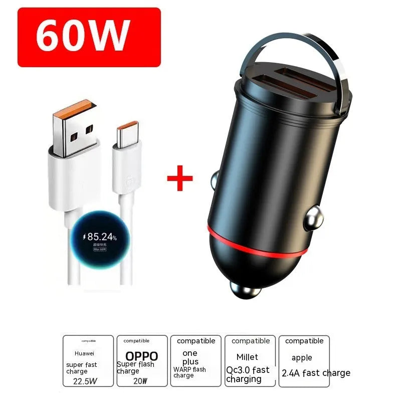 Black zinc alloy car charger with USB port, showing compact dimensions for vehicle use.