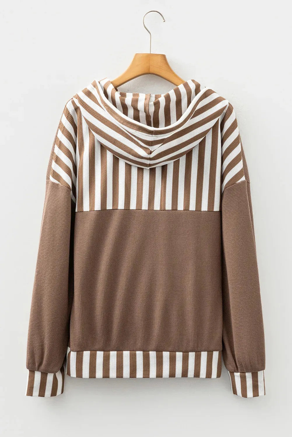 Straw yellow women's hoodie with waffle texture, striped patchwork, button neck and drawstring hood