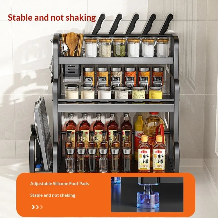 Modern no-drill carbon steel floor storage rack with knife holder and six hooks for kitchen organisation.