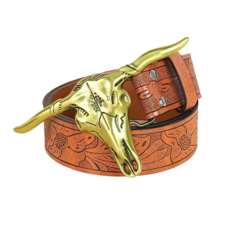 Cow head buckle men's imitation leather belt in black and brown colour options showing decorative alloy buckle detail