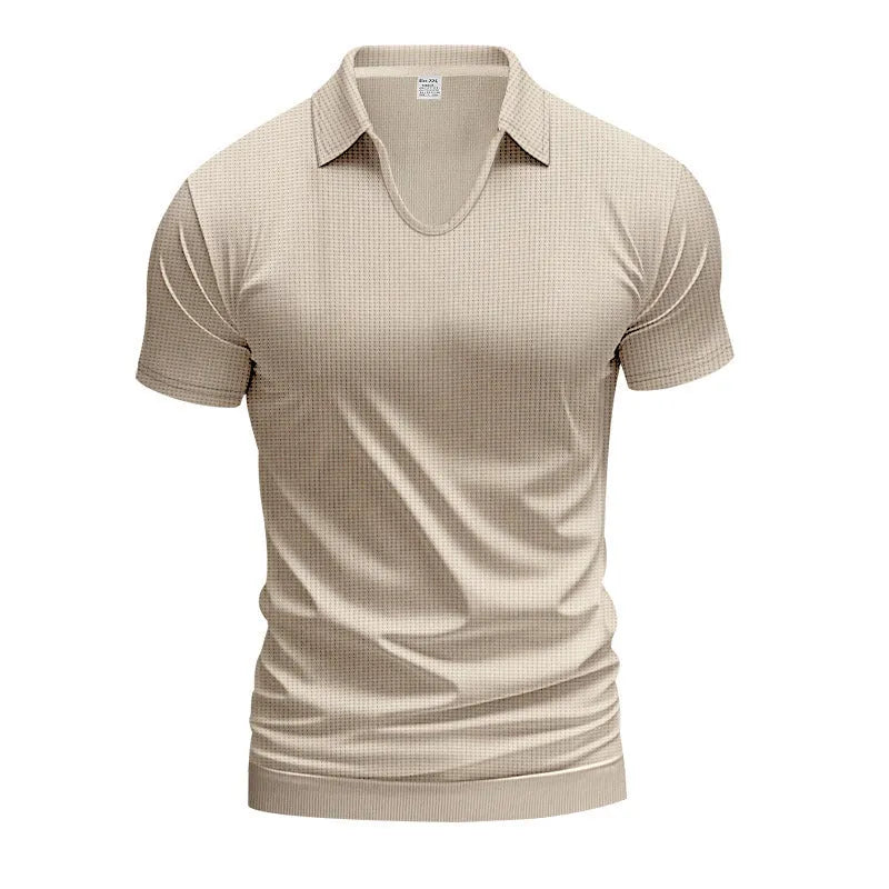 Men's loose fit V-neck t-shirt in cotton blend fabric showing short sleeves and solid colour design