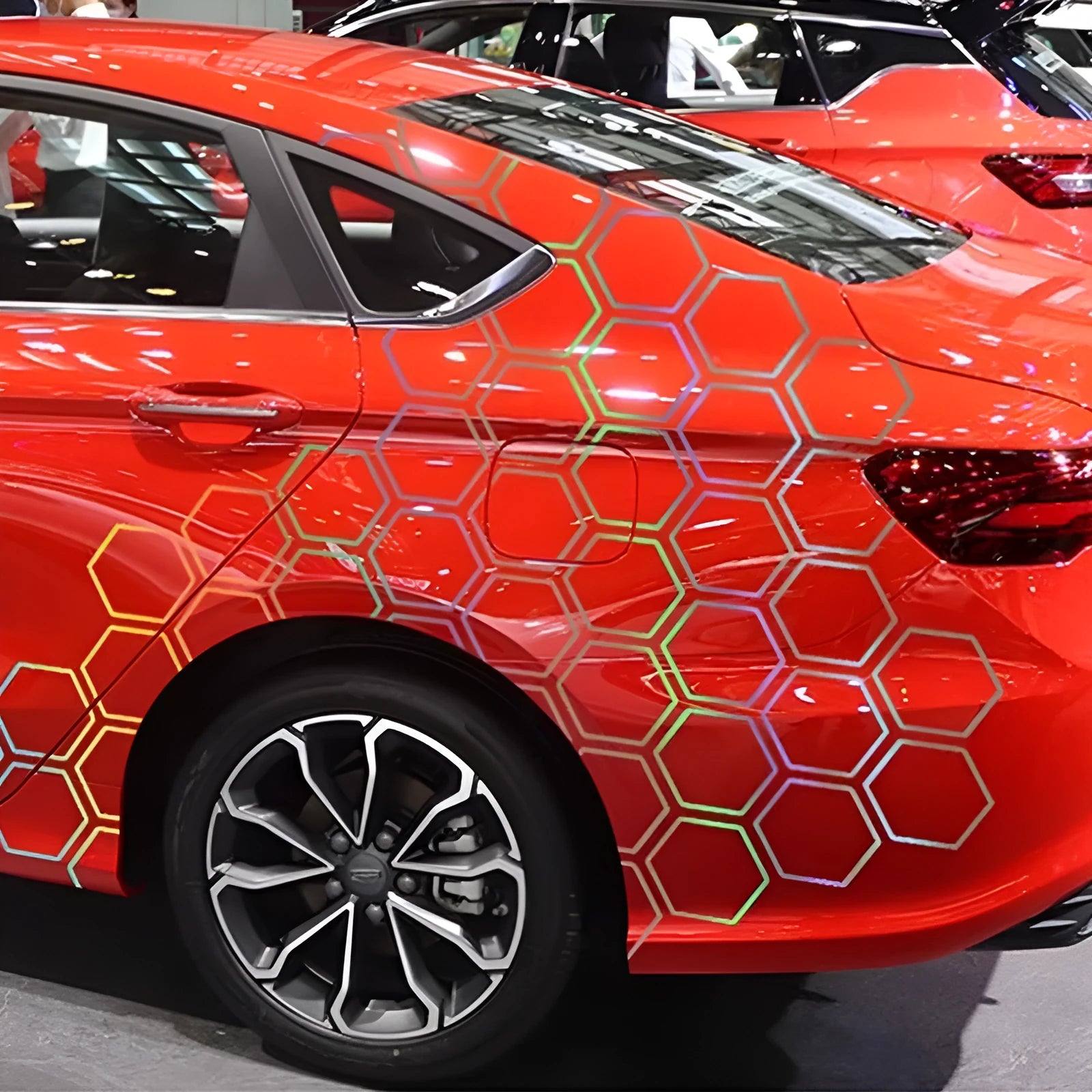 Set of 10 reflective hexagon pattern car body stickers in black, white, red, and colourful, each 8.4x10cm