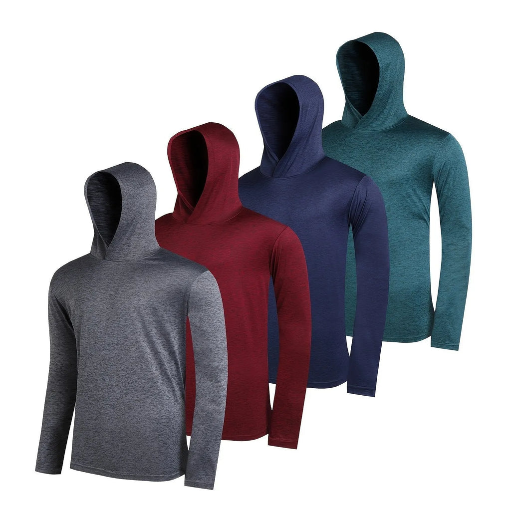 Four men's lightweight polyester hoodies folded together, showcasing elastic fabric and available colour options.