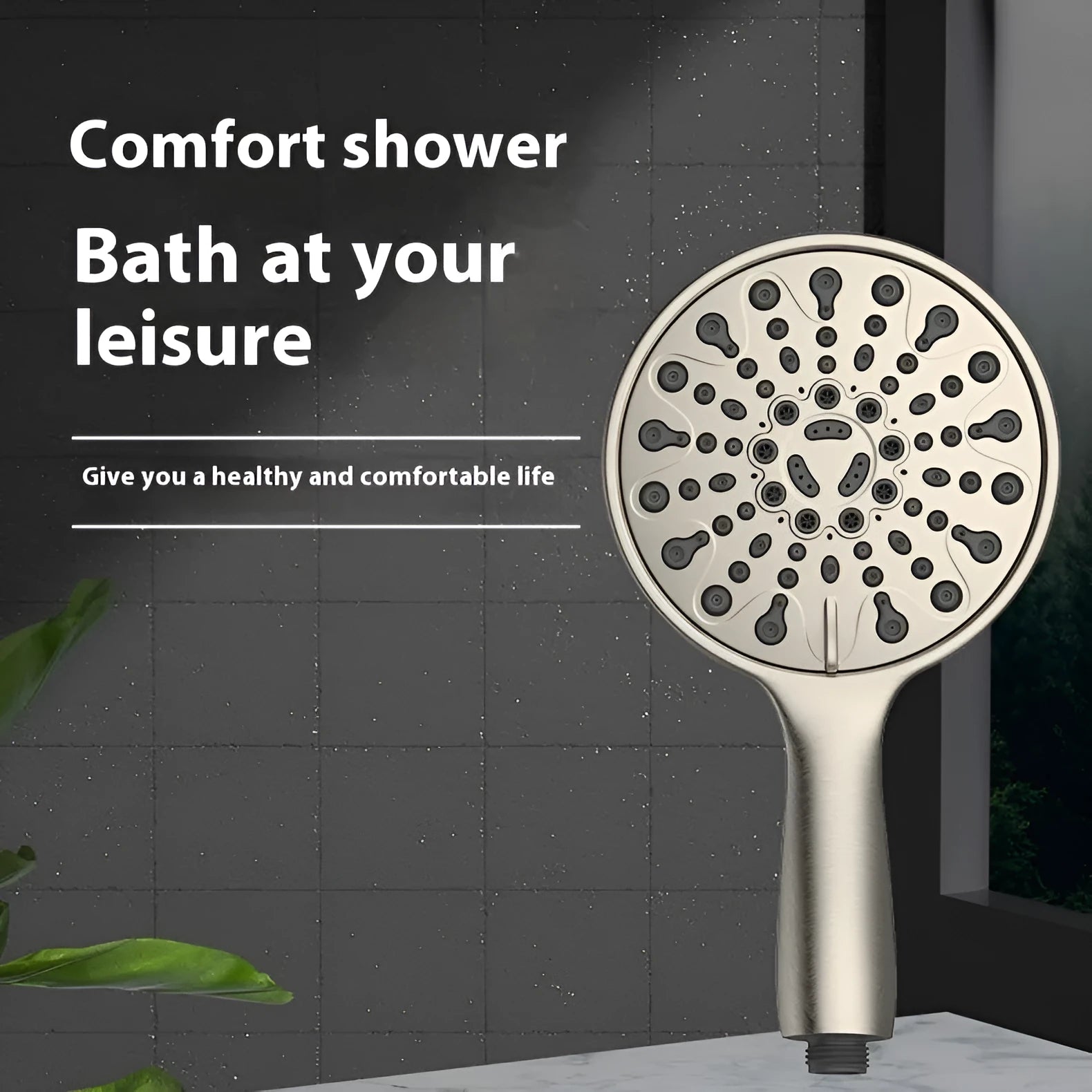 Six-inch handheld shower head with electroplated finish and multi-function spray selector.