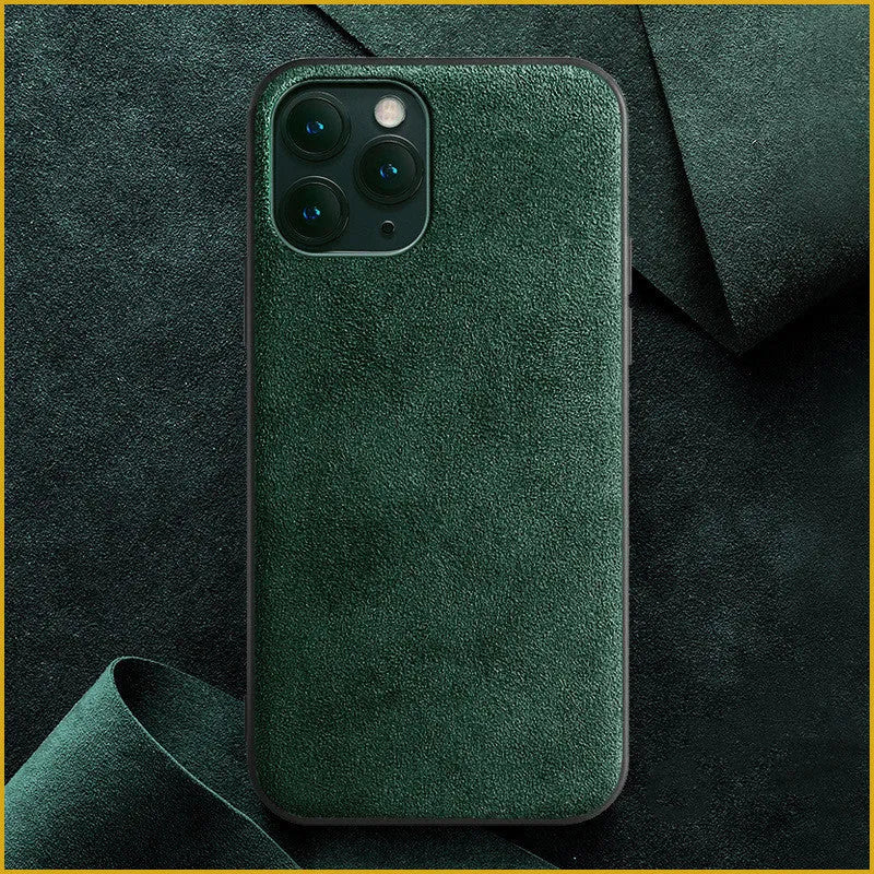 Suede full-cover back case for iPhone in elegant black, dark night green, and dark blue colour options.