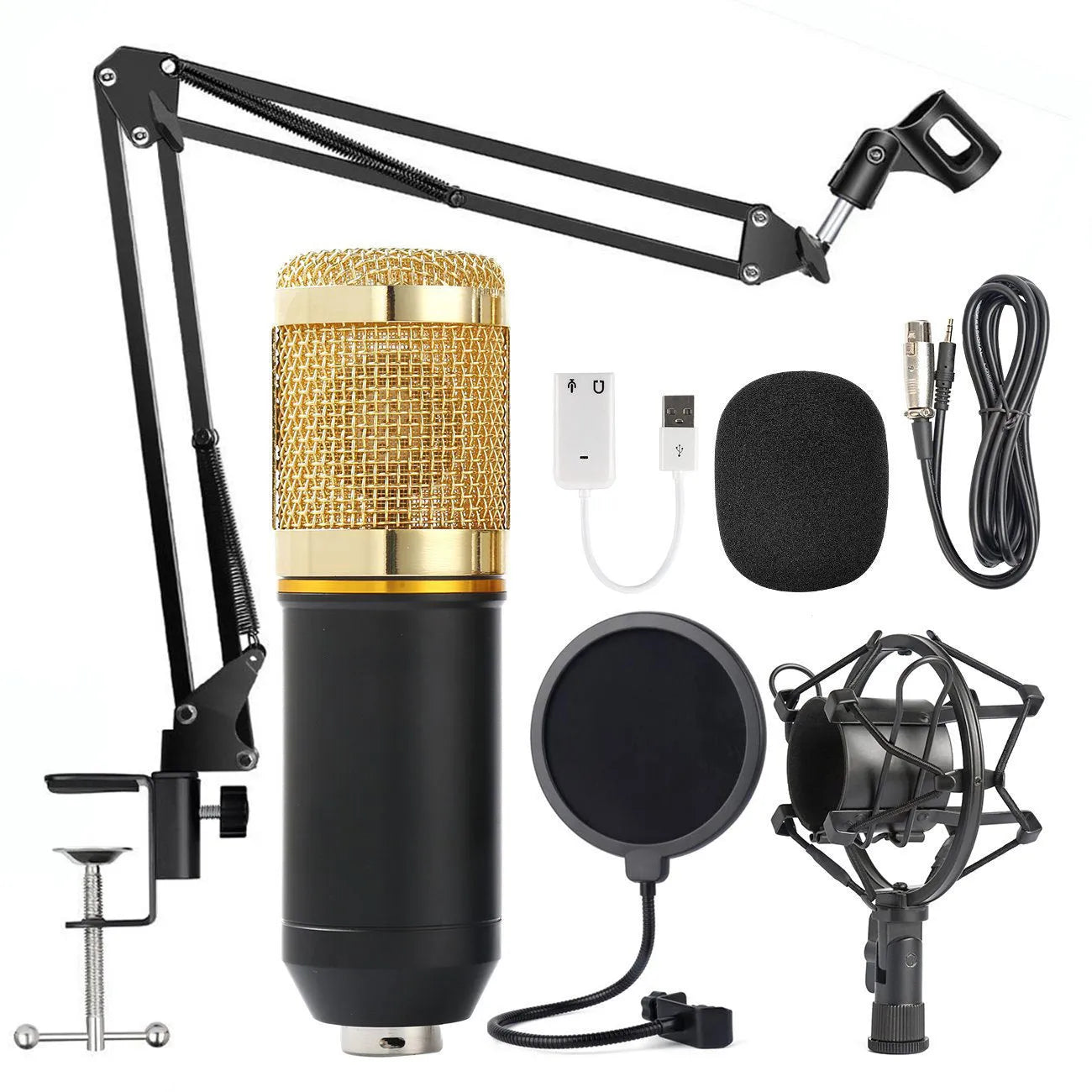 Condenser microphone with metal shock frame and power supply set, 165x47mm
