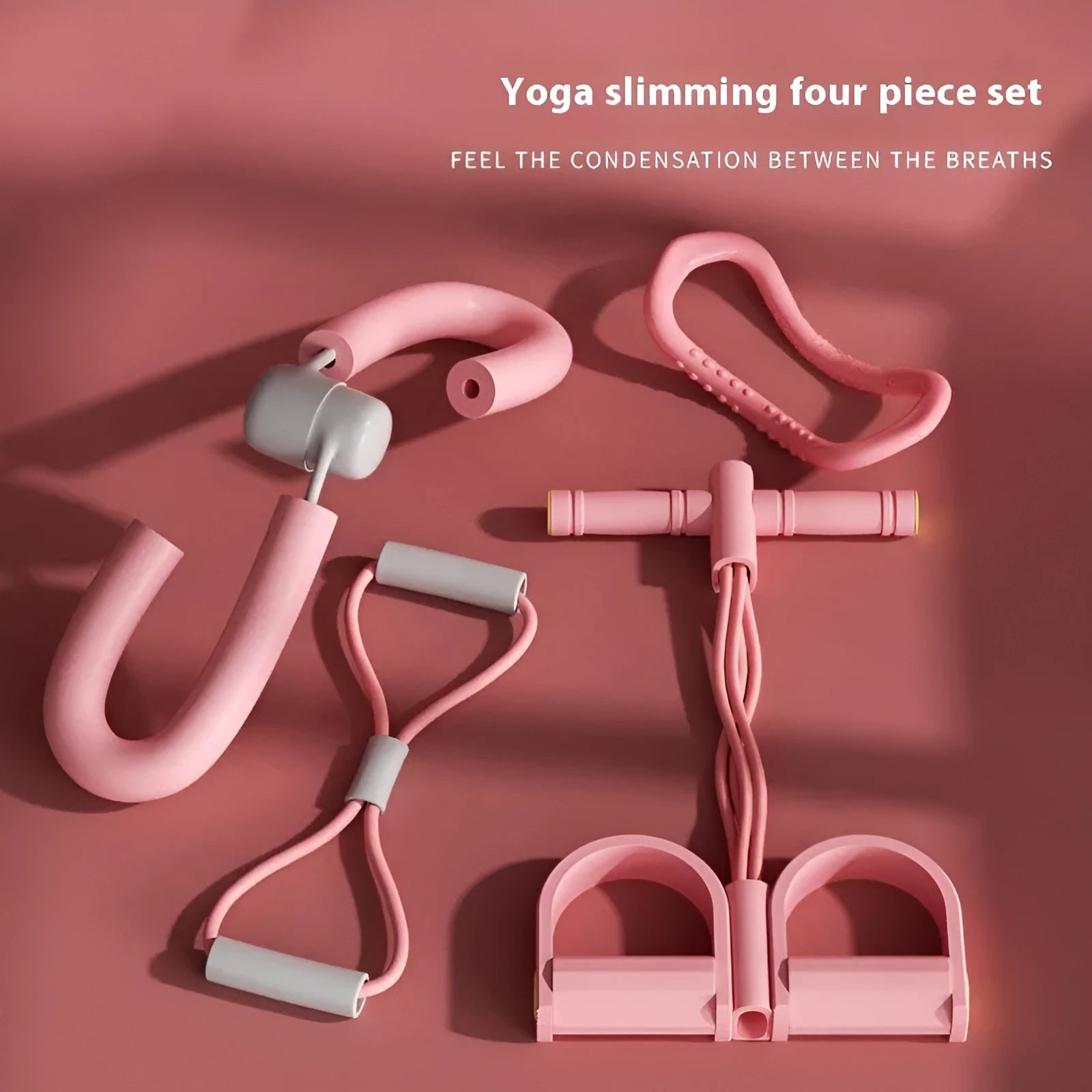 Four-piece yoga fitness set with leg stretcher, pedal device, ring, and tension rope for home exercise.