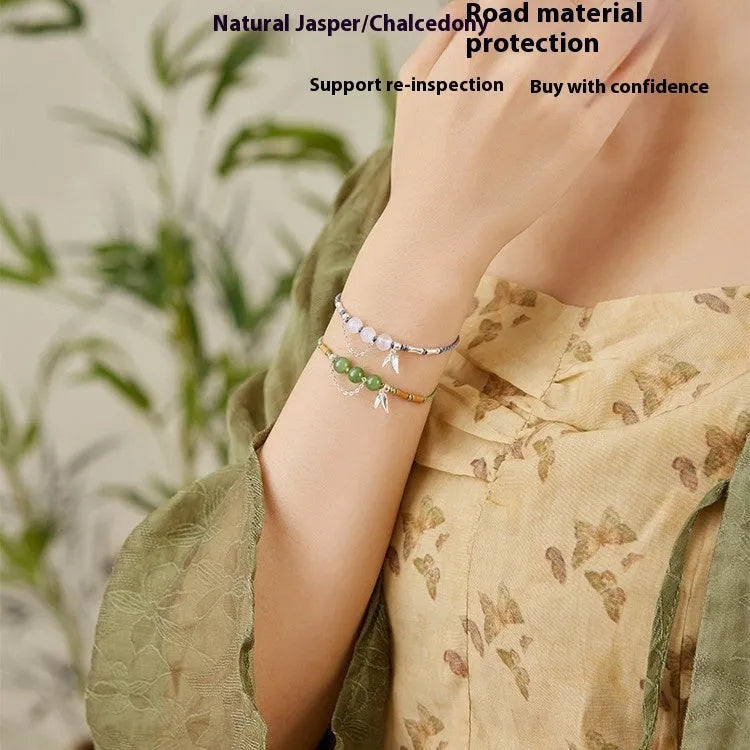 Hetian jade chalcedony handmade woven carrying strap bracelet with diamond lotus seedpod pendant, light green jasper colour