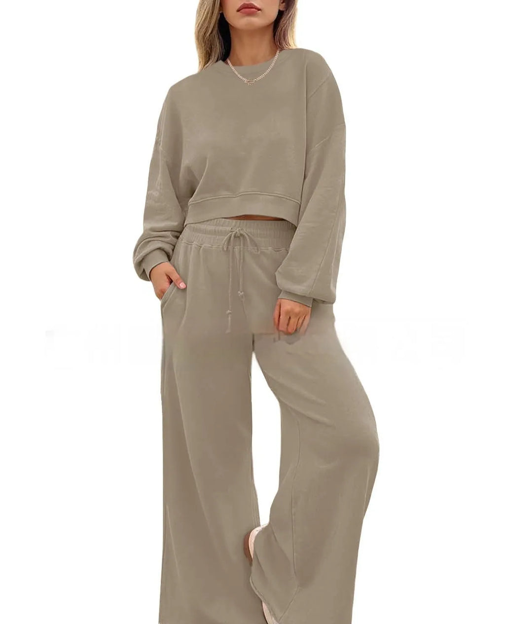 Women's solid colour polyester trousers two-piece set with long sleeves