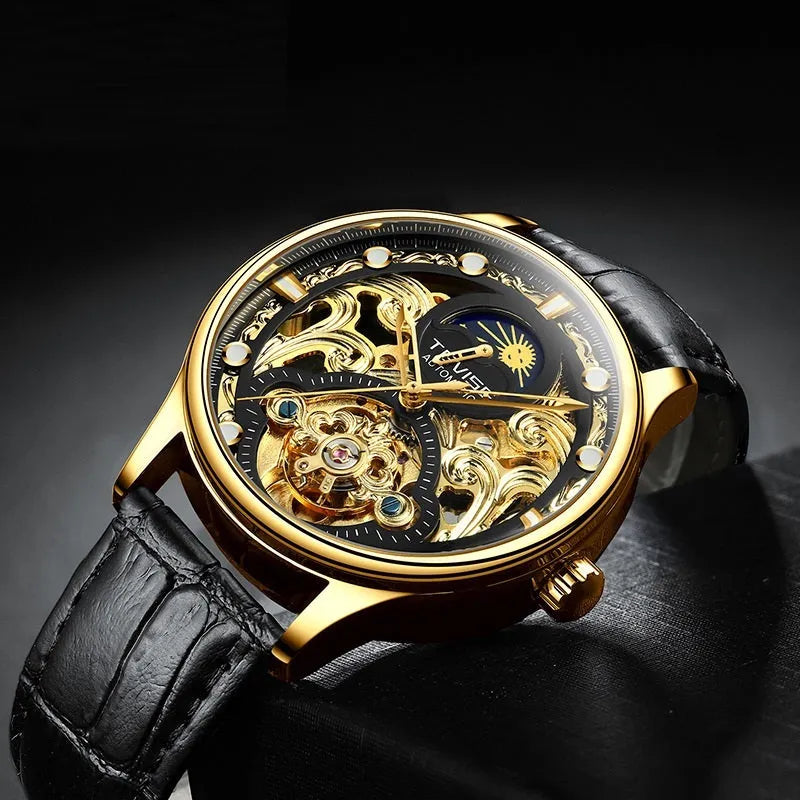 Men's gold leather strap automatic waterproof watch with 16mm thick case