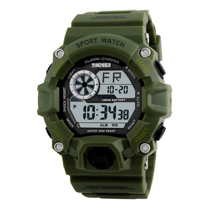 Electronic sports watch with round dial showing GMT display, available in five colours including camouflage green