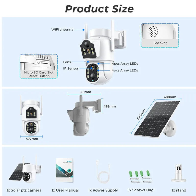 Black or white outdoor solar-powered wireless security camera with separate solar panel unit