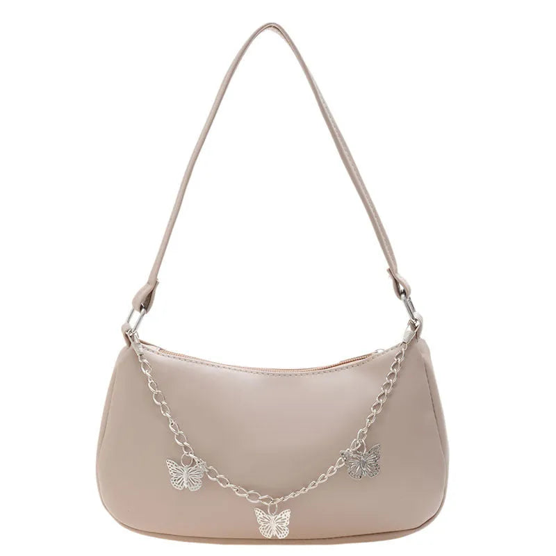 Retro women's chain-strap crossbody bag with butterfly charm in light blue PU leather