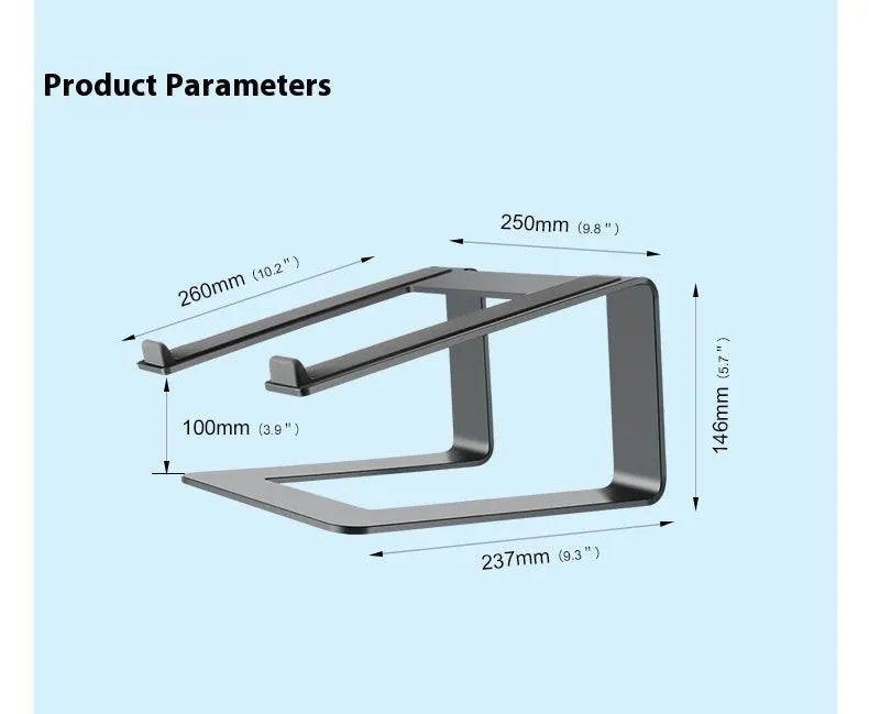 Black aluminium alloy laptop stand measuring 29.9 x 25.8 x 18.5 cm for 13-17 inch notebooks