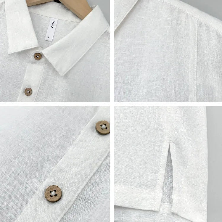 Men's loose fit linen summer top with short sleeves and thin lapels on a hanger.