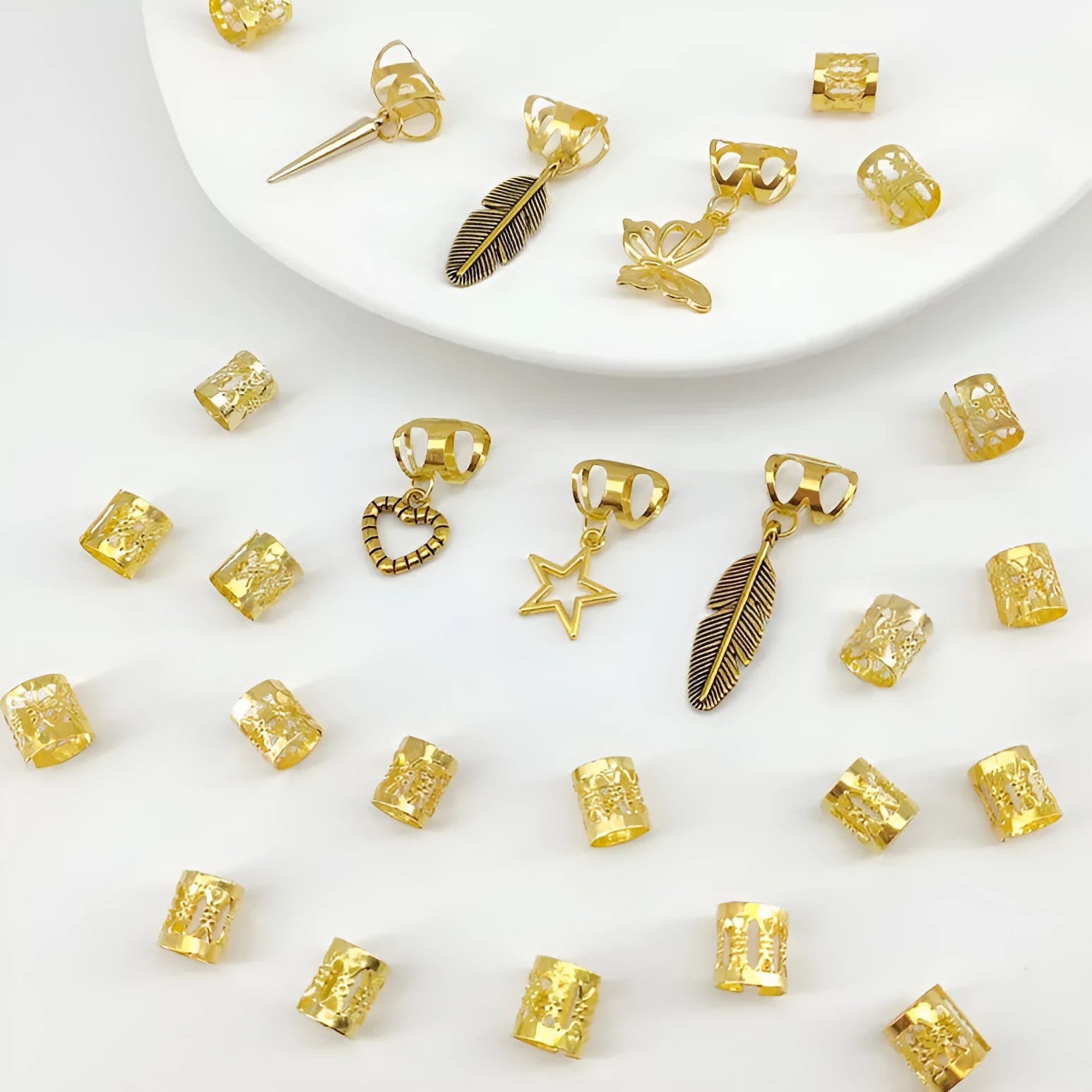 Antique style dirty braid hair rings with leaves design in gold and silver colours