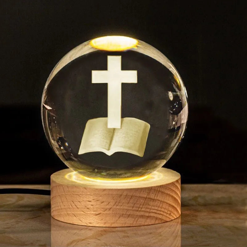 White crystal lamp with 6cm diameter ball on solid wood warm light base for church office decoration