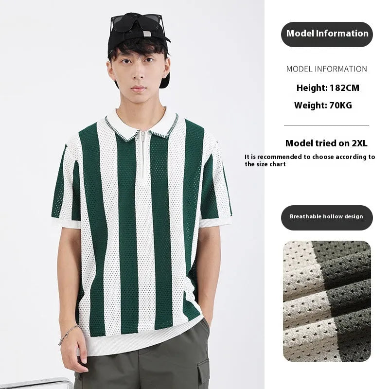Men's black and white striped short sleeve summer sweater with zipper decoration detail