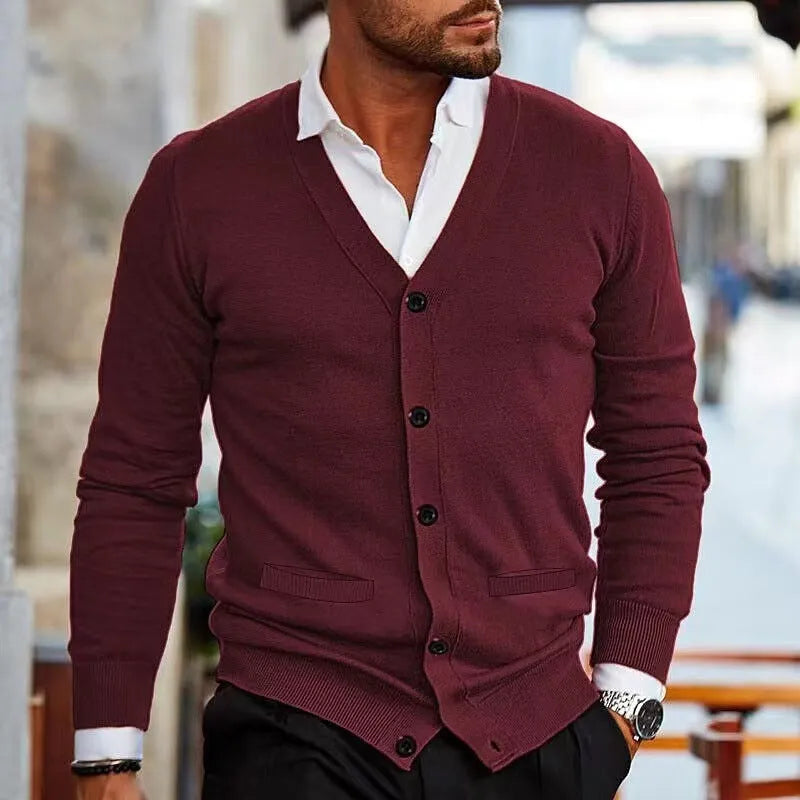 Men's slim fit acrylic cardigan sweater in beige colour, shown on a model.