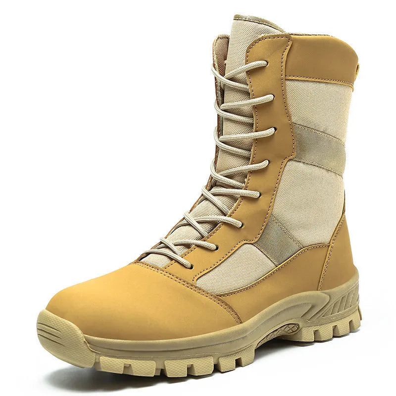 Men's black and camouflage high-top combat boots with mesh upper and totem detail.