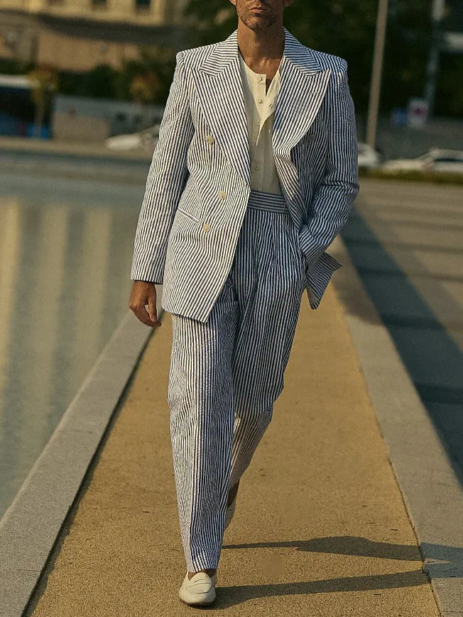 Blue and white striped two-piece polyester suit set with regular fit blazer and trousers