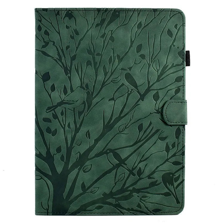 Imitation leather tablet case in black with a built-in kickstand bracket open.