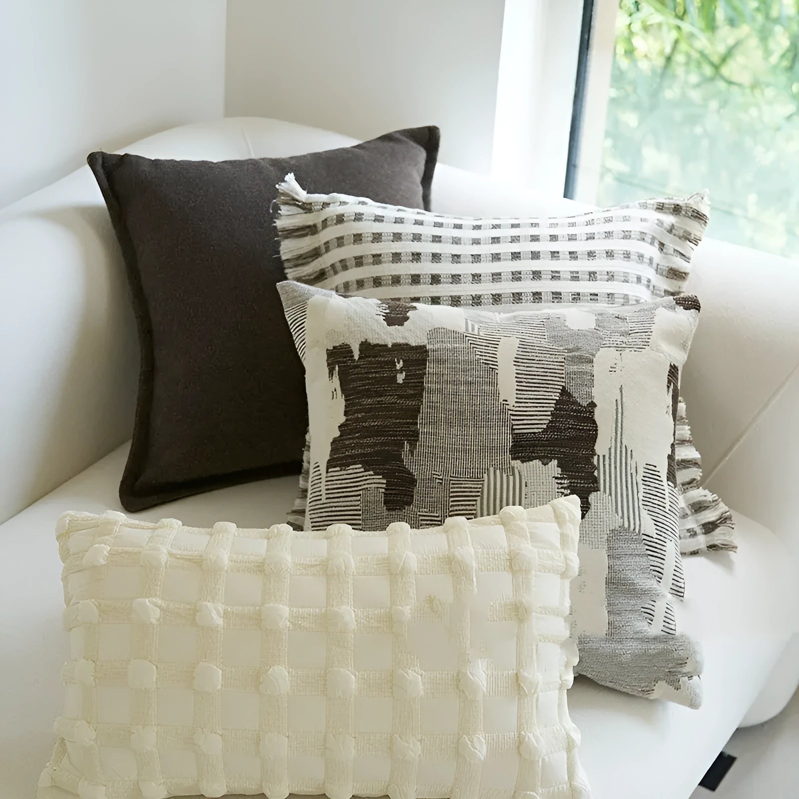 Coffee brown striped Chinese classical style cushion pillow on a sofa in 45x45cm size.