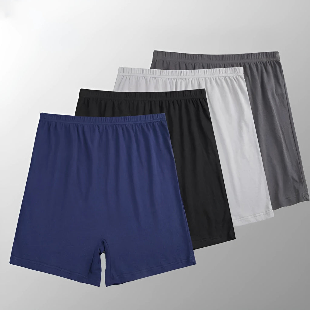 Solid colour high-waist men's modal boxers in black, brown, grey, and blue on a white background