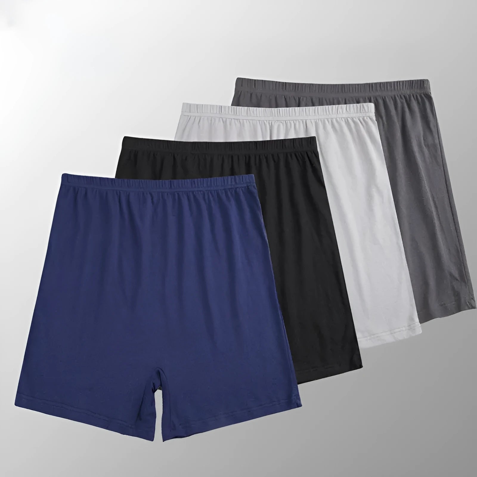 Solid colour high-waist men's modal boxers in black, brown, grey, and blue on a white background