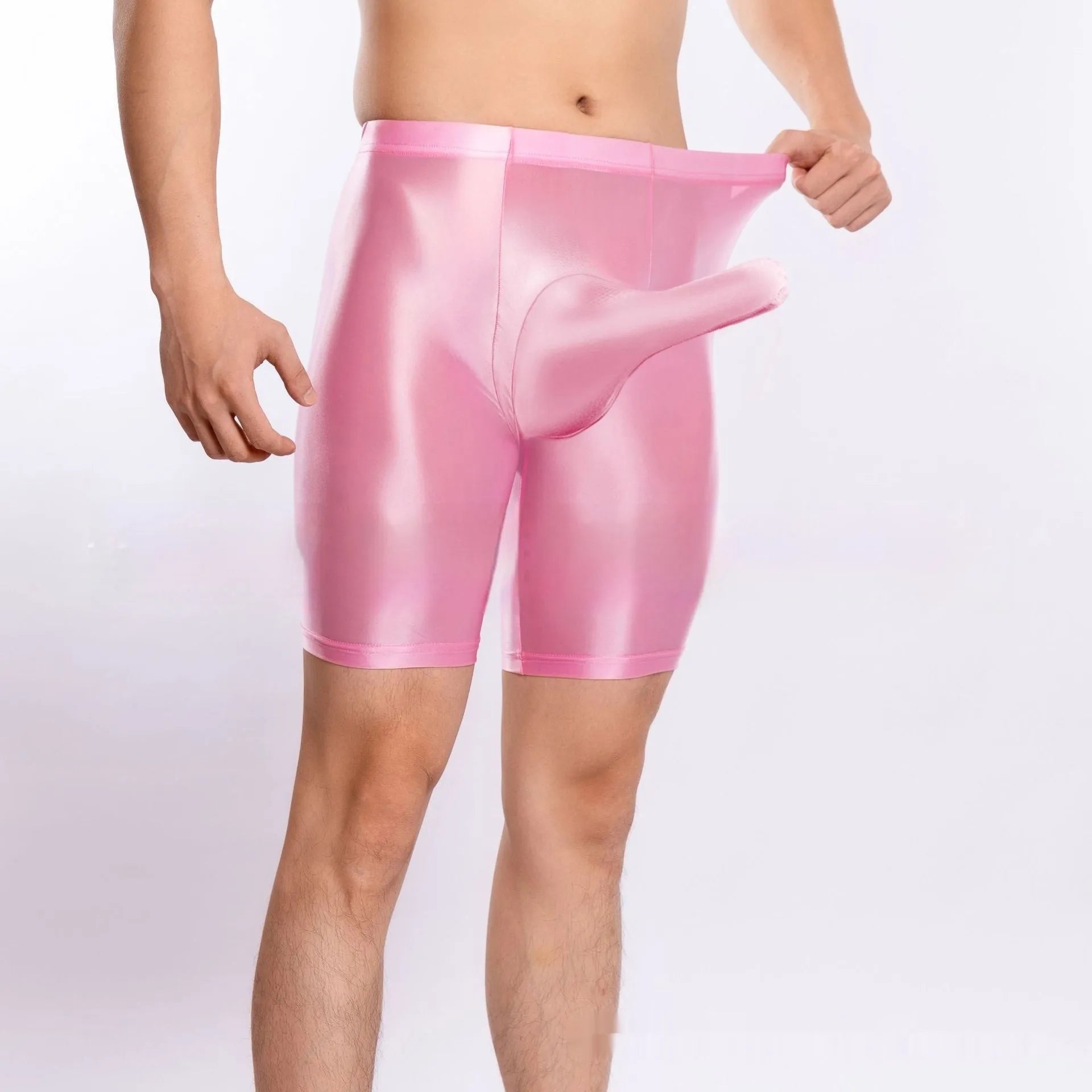 Plus size men's shiny silky nylon sports shorts shown in multiple colours including black, red, and fluorescent green