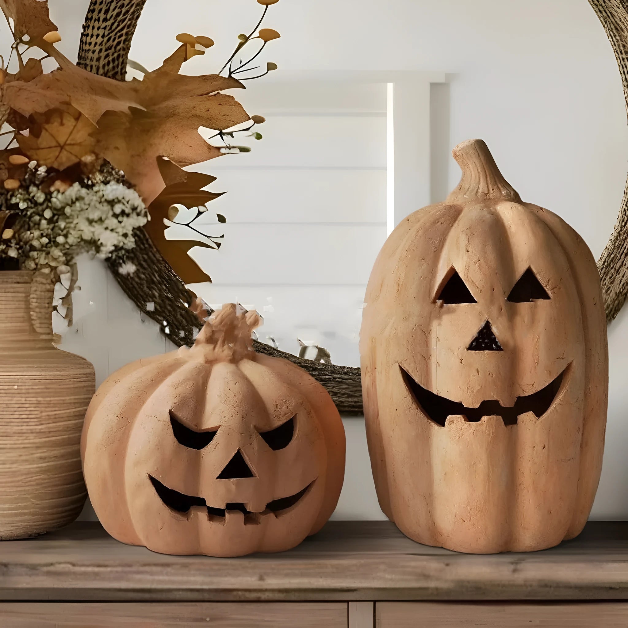 Synthetic resin pumpkin lamp on a doorstep, 19cm height with warm light, modern simplicity style for Halloween