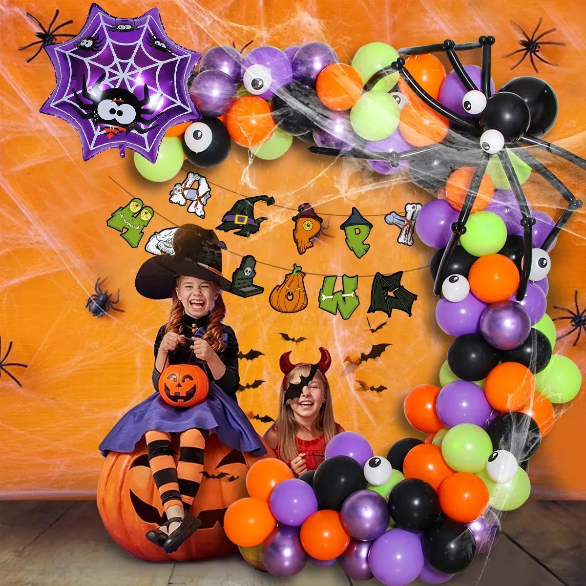 Halloween spider balloon arch set with black and white skull and pumpkin decorations